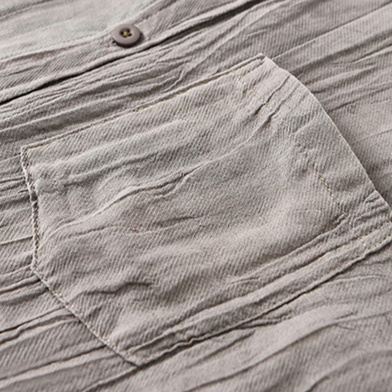 Camisa de lino ramio de manga larga para hombre con bolsillos y pliegues retro de Buddha Stones - image 12