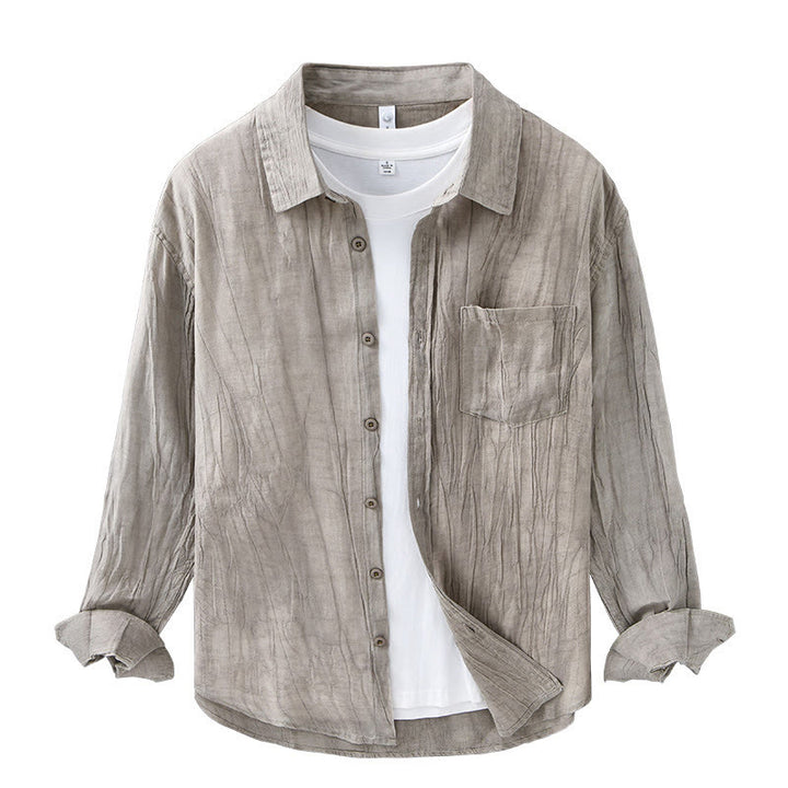 Camisa de lino ramio de manga larga para hombre con bolsillos y pliegues retro de Buddha Stones - image 16