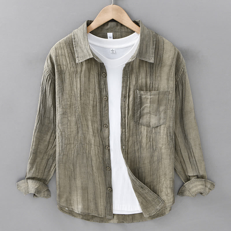 Camisa de lino ramio de manga larga para hombre con bolsillos y pliegues retro de Buddha Stones - AmarilloVerde - US/UK/AU42, EU52 (3XL) - image 5