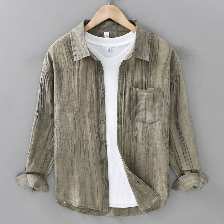 Camisa de lino ramio de manga larga para hombre con bolsillos y pliegues retro de Buddha Stones - AmarilloVerde - US/UK/AU42, EU52 (3XL) - image 5