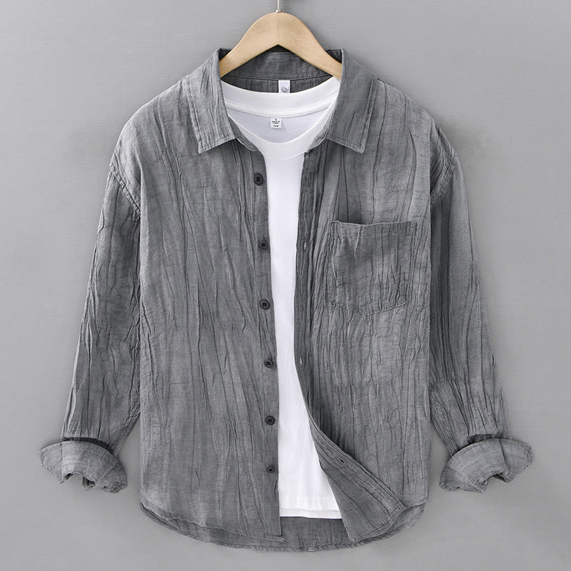 Camisa de lino ramio de manga larga para hombre con bolsillos y pliegues retro de Buddha Stones - Gris pizarra claro - US/UK/AU42, EU52 (3XL) - image 1