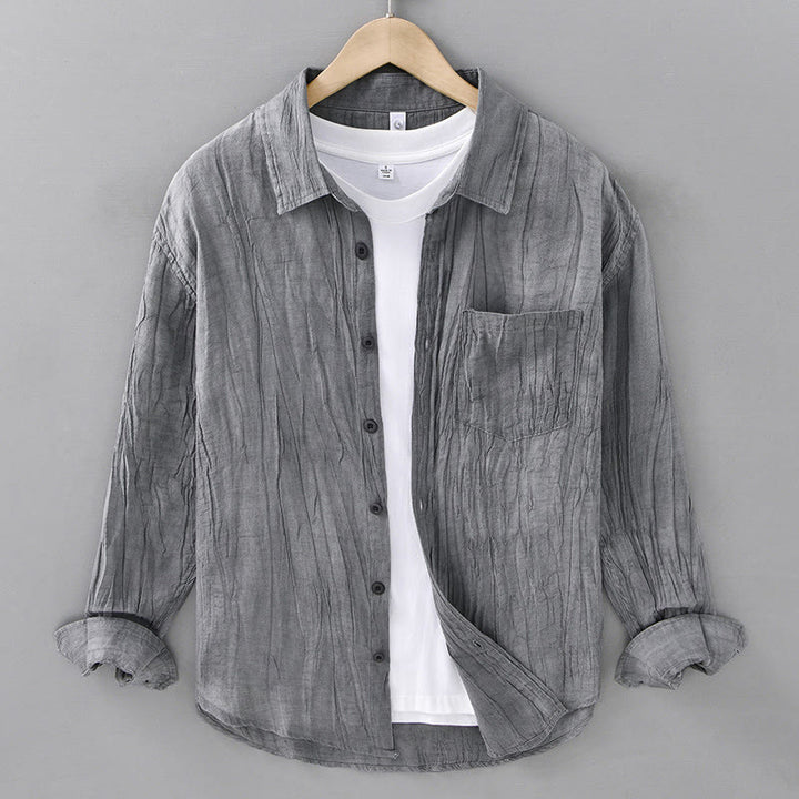 Camisa de lino ramio de manga larga para hombre con bolsillos y pliegues retro de Buddha Stones - Gris pizarra claro - US/UK/AU42, EU52 (3XL) - image 1