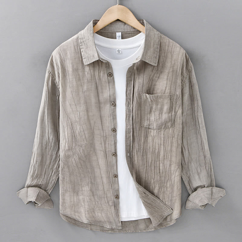 Camisa de lino ramio de manga larga para hombre con bolsillos y pliegues retro de Buddha Stones - Broncearse - US/UK/AU42, EU52 (3XL) - image 9