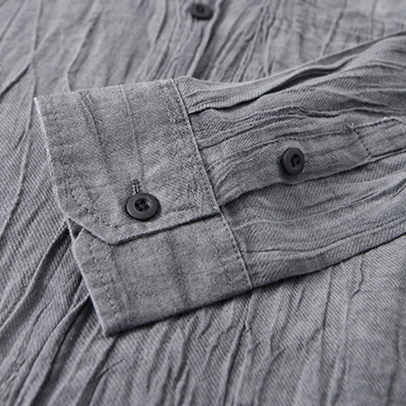 Camisa de lino ramio de manga larga para hombre con bolsillos y pliegues retro de Buddha Stones - image 4