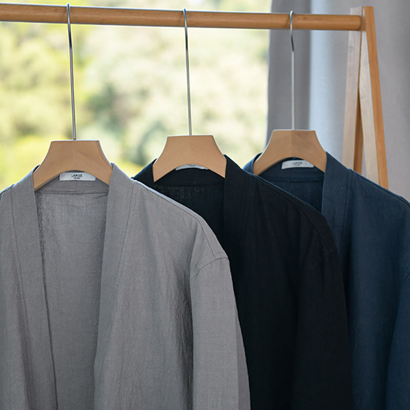 Camisa de lino y algodón de manga larga con cuello alto y colores puros para hombre con Buddha Stones - image 27