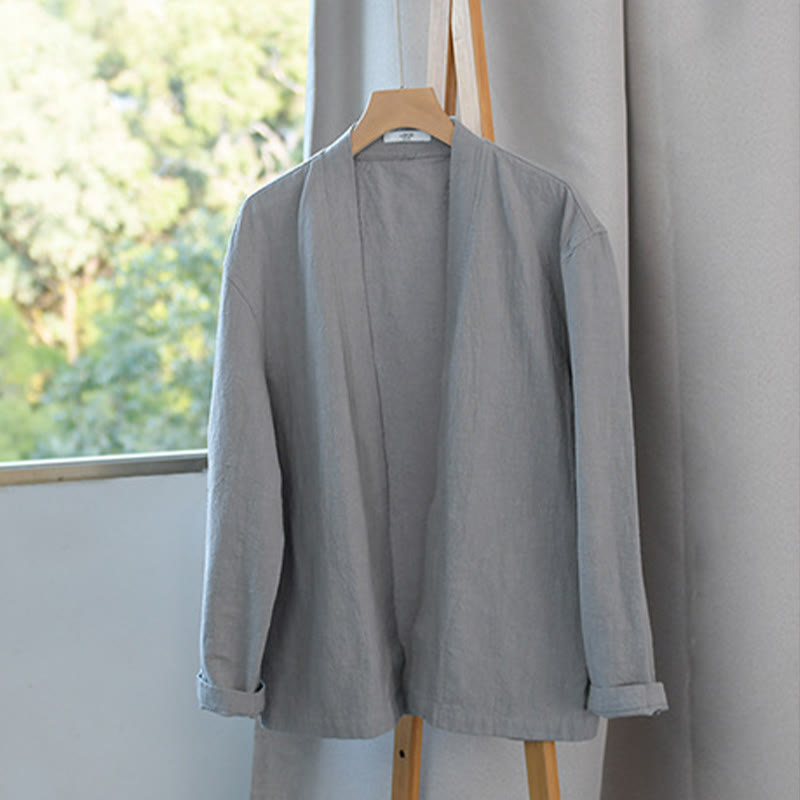 Camisa de lino y algodón de manga larga con cuello alto y colores puros para hombre con Buddha Stones - image 10