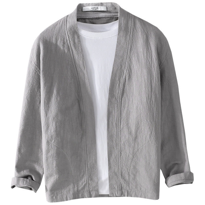 Camisa de lino y algodón de manga larga con cuello alto y colores puros para hombre con Buddha Stones - image 18