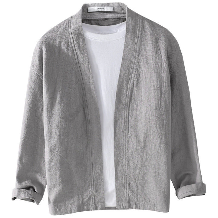 Camisa de lino y algodón de manga larga con cuello alto y colores puros para hombre con Buddha Stones - image 18