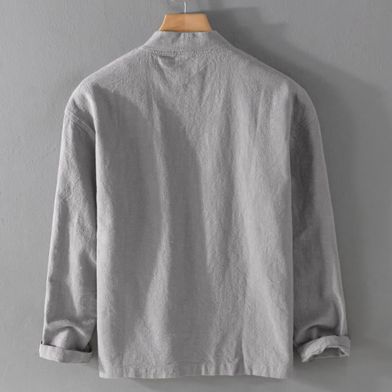 Camisa de lino y algodón de manga larga con cuello alto y colores puros para hombre con Buddha Stones - image 9