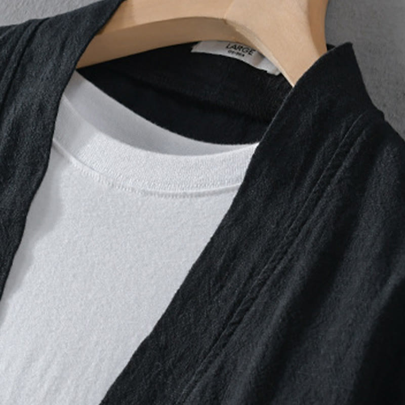 Camisa de lino y algodón de manga larga con cuello alto y colores puros para hombre con Buddha Stones - image 21