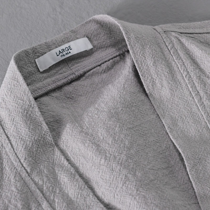 Camisa de lino y algodón de manga larga con cuello alto y colores puros para hombre con Buddha Stones - image 12