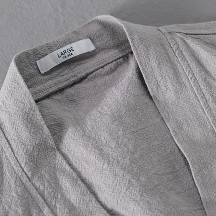 Camisa de lino y algodón de manga larga con cuello alto y colores puros para hombre con Buddha Stones - image 12