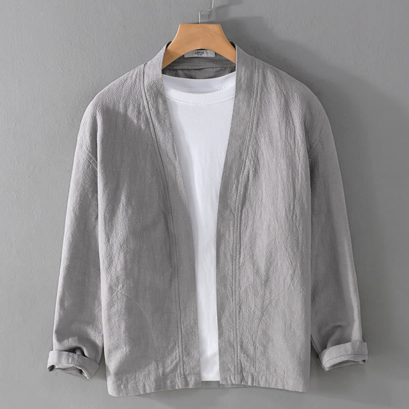 Camisa de lino y algodón de manga larga con cuello alto y colores puros para hombre con Buddha Stones - Plata - US/UK/AU42, EU52 (3XL) - image 8