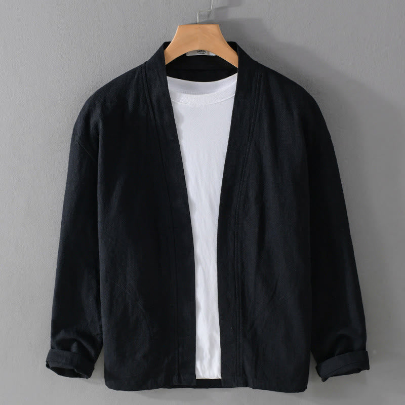 Camisa de lino y algodón de manga larga con cuello alto y colores puros para hombre con Buddha Stones - Negro - US/UK/AU42, EU52 (3XL) - image 19