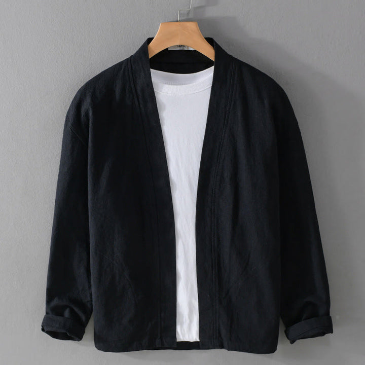 Camisa de lino y algodón de manga larga con cuello alto y colores puros para hombre con Buddha Stones - Negro - US/UK/AU42, EU52 (3XL) - image 19