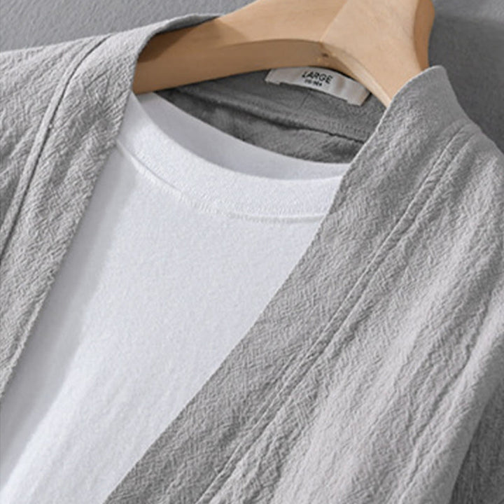 Camisa de lino y algodón de manga larga con cuello alto y colores puros para hombre con Buddha Stones - image 11