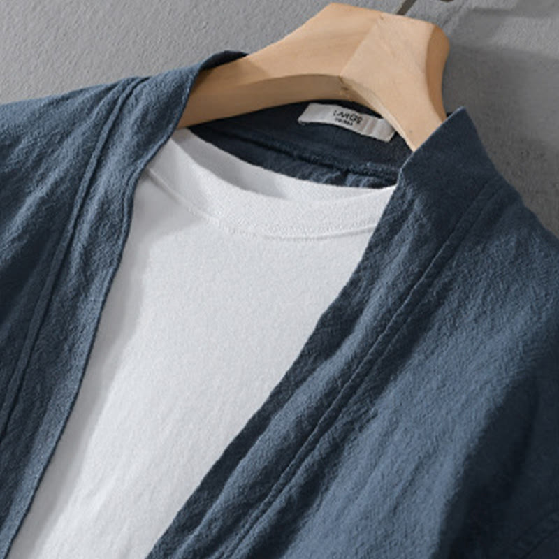 Camisa de lino y algodón de manga larga con cuello alto y colores puros para hombre con Buddha Stones - image 3