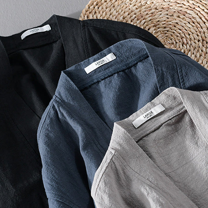 Camisa de lino y algodón de manga larga con cuello alto y colores puros para hombre con Buddha Stones - image 29