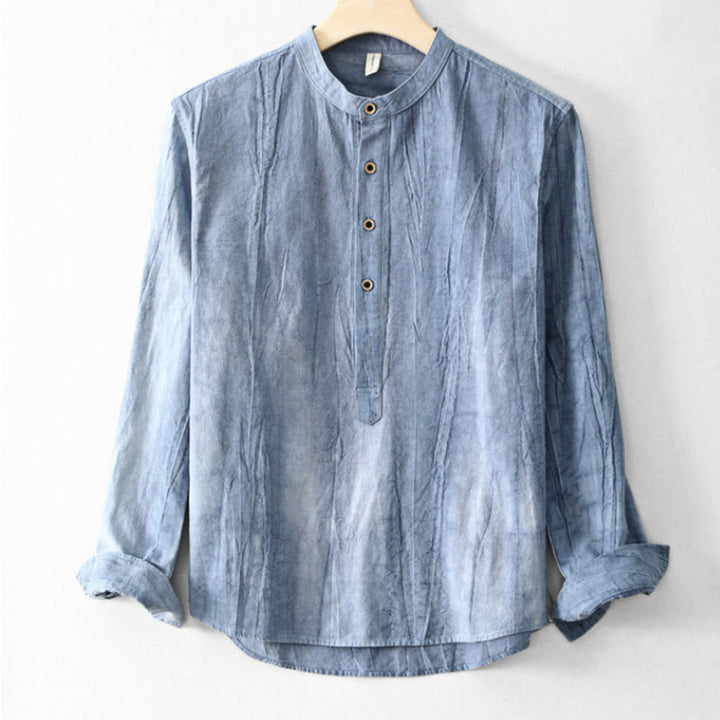 Camisa de lino y algodón de manga larga para hombre, con diseño de Buddha Stones, pliegues lisos, botones y cuello alto - Azul aciano - US/UK/AU44, EU54 (4XL) - image 10