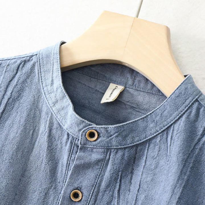 Camisa de lino y algodón de manga larga para hombre, con diseño de Buddha Stones, pliegues lisos, botones y cuello alto - image 11