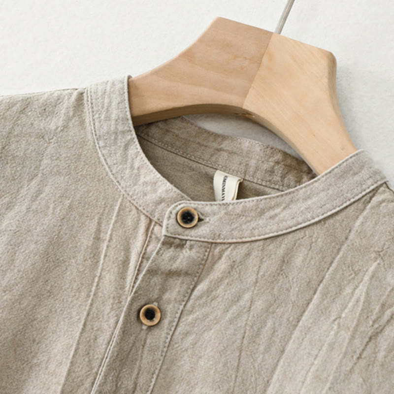 Camisa de lino y algodón de manga larga para hombre, con diseño de Buddha Stones, pliegues lisos, botones y cuello alto - image 2