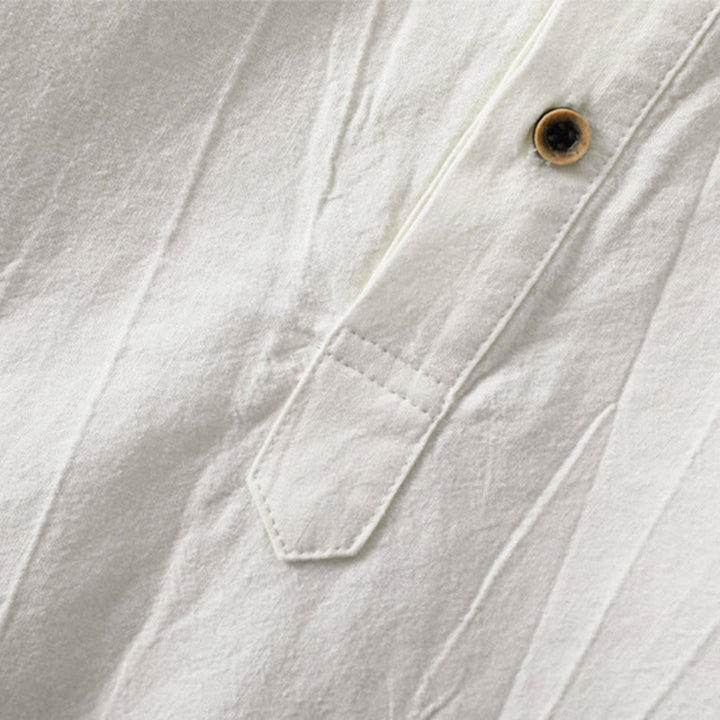 Camisa de lino y algodón de manga larga para hombre, con diseño de Buddha Stones, pliegues lisos, botones y cuello alto - image 8