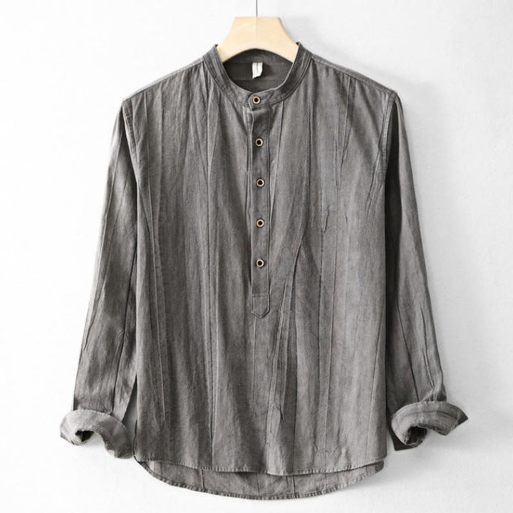 Camisa de lino y algodón de manga larga para hombre, con diseño de Buddha Stones, pliegues lisos, botones y cuello alto - Gris pizarra claro - US/UK/AU44, EU54 (4XL) - image 13