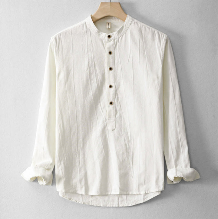 Camisa de lino y algodón de manga larga para hombre, con diseño de Buddha Stones, pliegues lisos, botones y cuello alto - FloralBlanco - US/UK/AU44, EU54 (4XL) - image 6