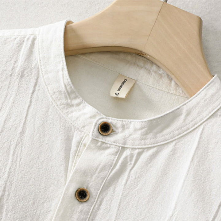 Camisa de lino y algodón de manga larga para hombre, con diseño de Buddha Stones, pliegues lisos, botones y cuello alto - image 7