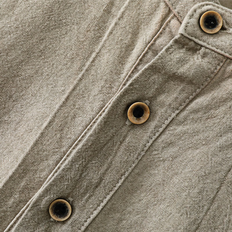 Camisa de lino y algodón de manga larga para hombre, con diseño de Buddha Stones, pliegues lisos, botones y cuello alto - image 3