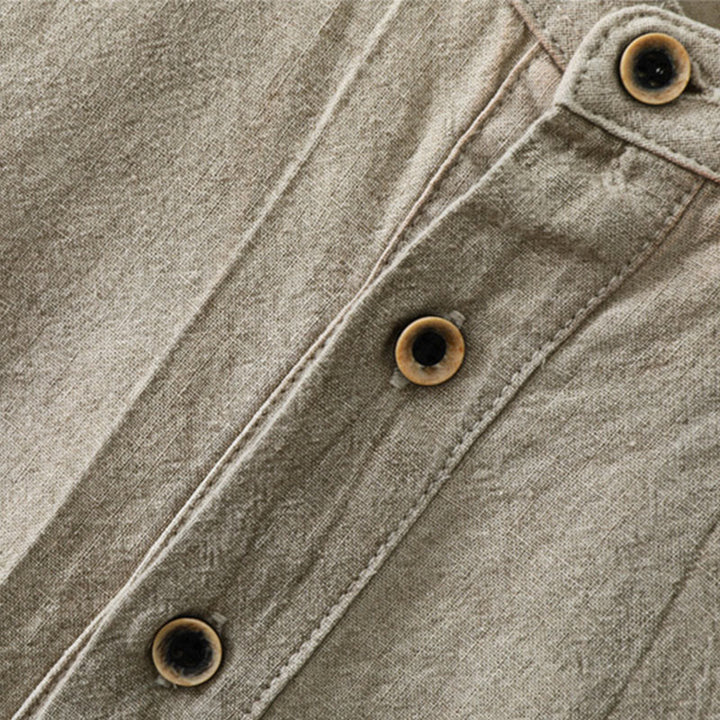 Camisa de lino y algodón de manga larga para hombre, con diseño de Buddha Stones, pliegues lisos, botones y cuello alto - image 3