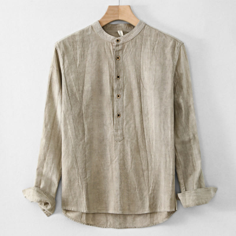 Camisa de lino y algodón de manga larga para hombre, con diseño de Buddha Stones, pliegues lisos, botones y cuello alto - Caqui oscuro - US/UK/AU44, EU54 (4XL) - image 1
