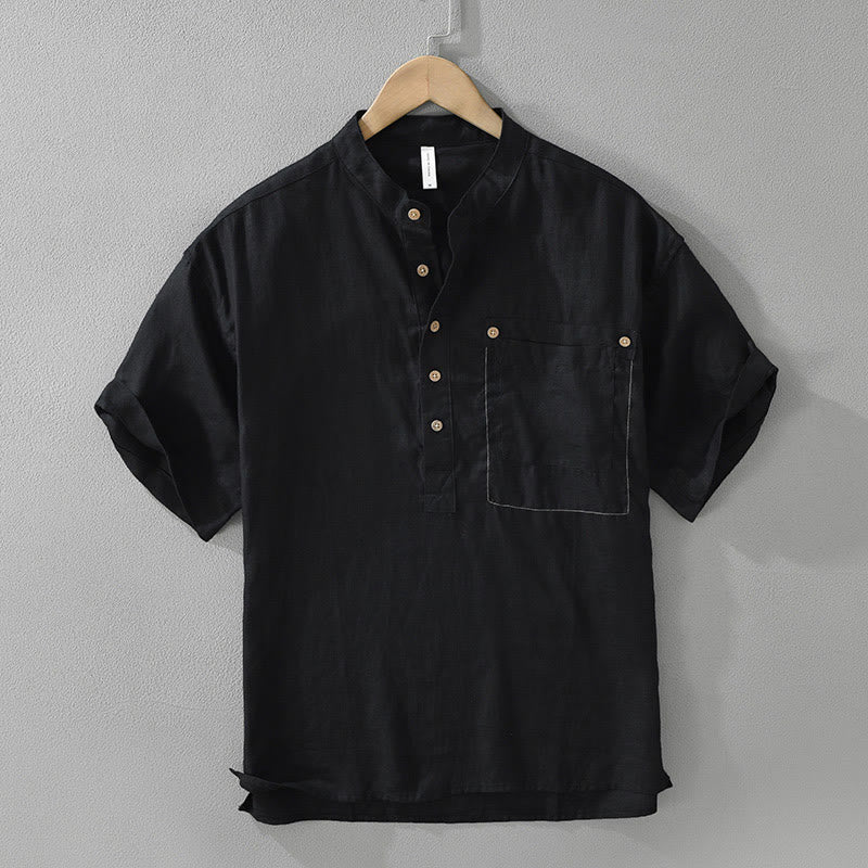 Camisa de lino de manga corta para hombre con solapa y diseño de medio botón y bolsillo de verano con Buddha Stones - Negro - US/UK/AU42, EU52 (3XL) - image 1
