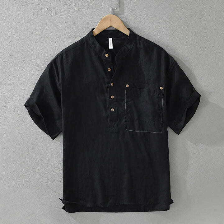 Camisa de lino de manga corta para hombre con solapa y diseño de medio botón y bolsillo de verano con Buddha Stones - Negro - US/UK/AU42, EU52 (3XL) - image 1