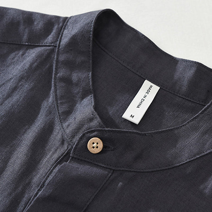 Camisa de lino de manga corta para hombre con solapa y diseño de medio botón y bolsillo de verano con Buddha Stones - image 5