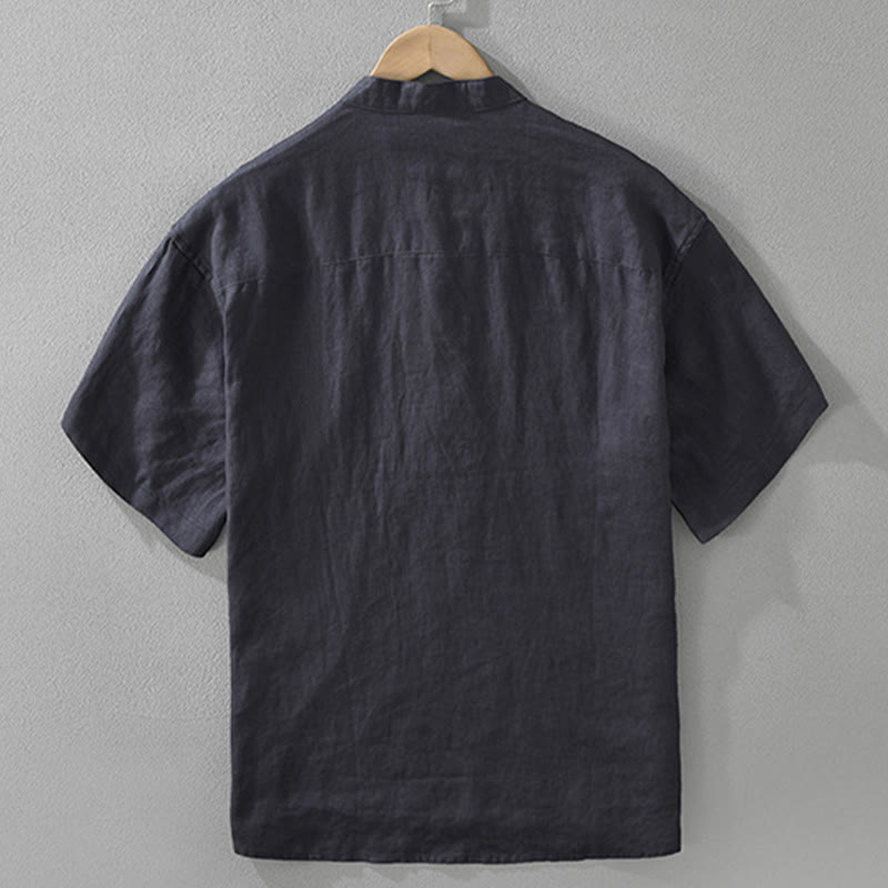 Camisa de lino de manga corta para hombre con solapa y diseño de medio botón y bolsillo de verano con Buddha Stones - image 4