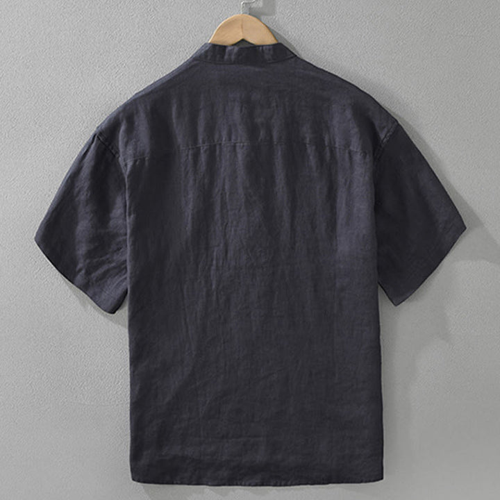 Camisa de lino de manga corta para hombre con solapa y diseño de medio botón y bolsillo de verano con Buddha Stones - image 4
