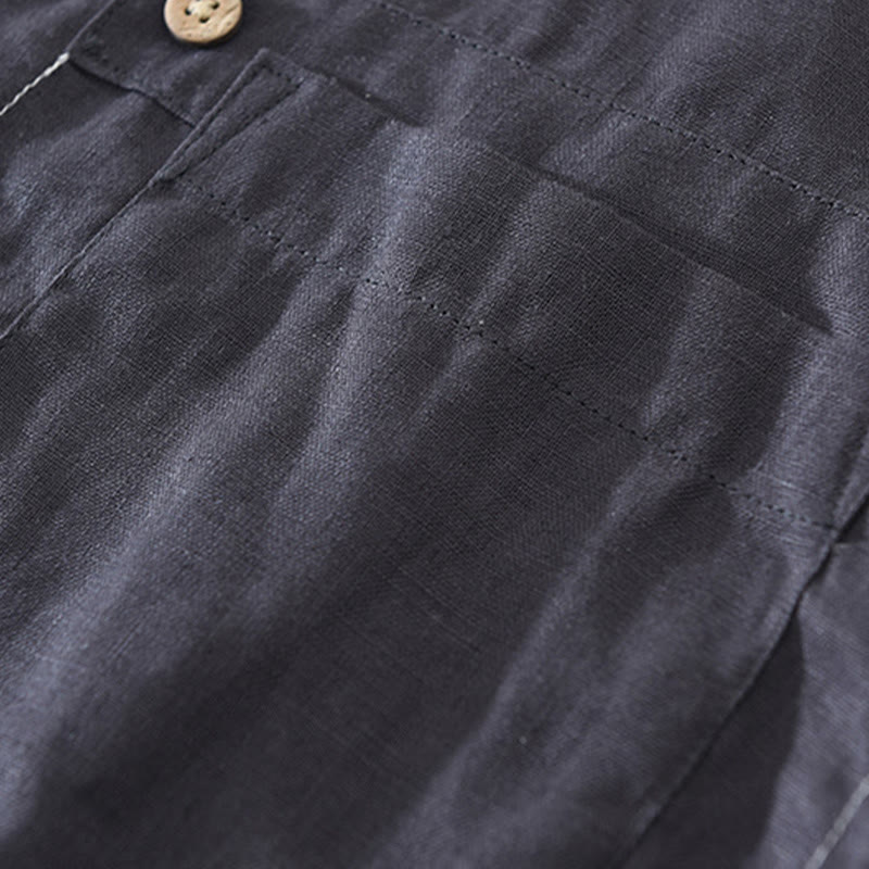 Camisa de lino de manga corta para hombre con solapa y diseño de medio botón y bolsillo de verano con Buddha Stones - image 9