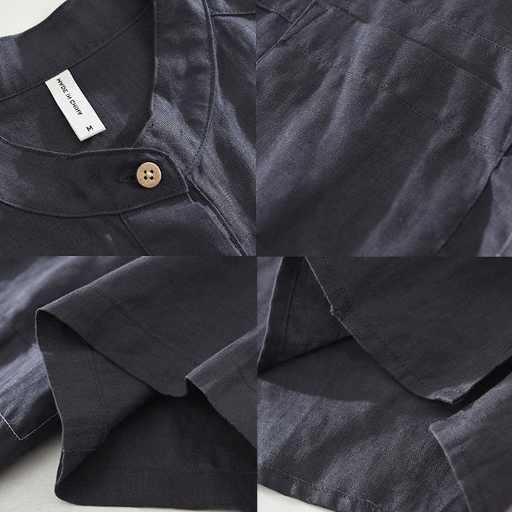 Camisa de lino de manga corta para hombre con solapa y diseño de medio botón y bolsillo de verano con Buddha Stones - image 14