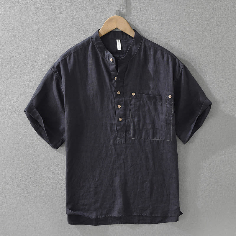Camisa de lino de manga corta para hombre con solapa y diseño de medio botón y bolsillo de verano con Buddha Stones - Azul medianoche - US/UK/AU42, EU52 (3XL) - image 3