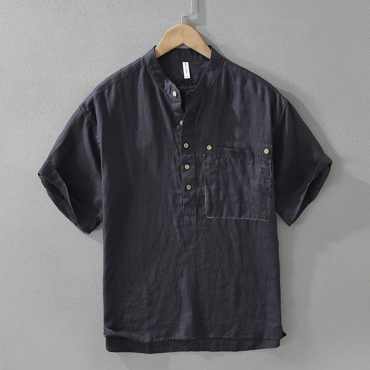 Camisa de lino de manga corta para hombre con solapa y diseño de medio botón y bolsillo de verano con Buddha Stones - Azul medianoche - US/UK/AU42, EU52 (3XL) - image 3