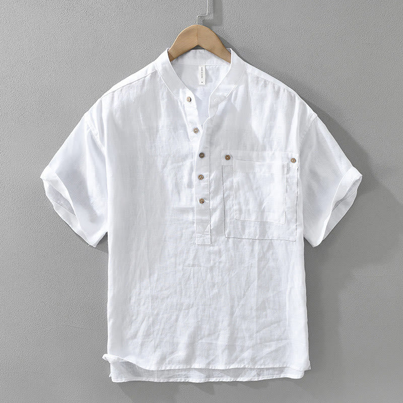 Camisa de lino de manga corta para hombre con solapa y diseño de medio botón y bolsillo de verano con Buddha Stones - Blanco - US/UK/AU42, EU52 (3XL) - image 2