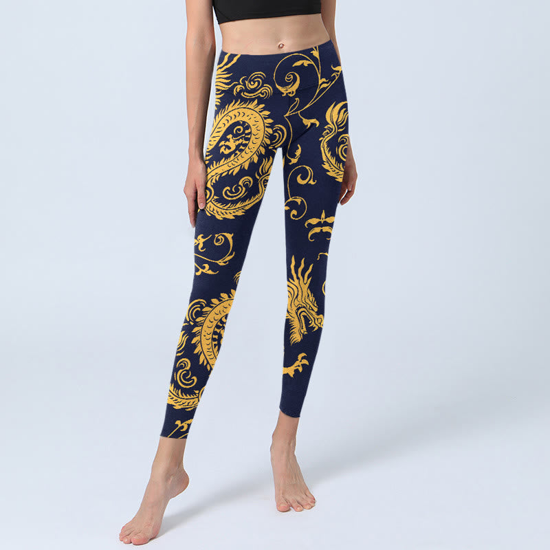 Leggings de yoga para mujer con estampado de enredaderas y dragones dorados y Buddha Stones - image 6