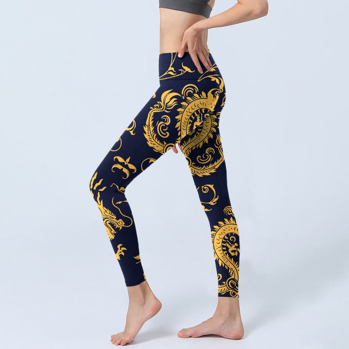 Leggings de yoga para mujer con estampado de enredaderas y dragones dorados y Buddha Stones - image 3