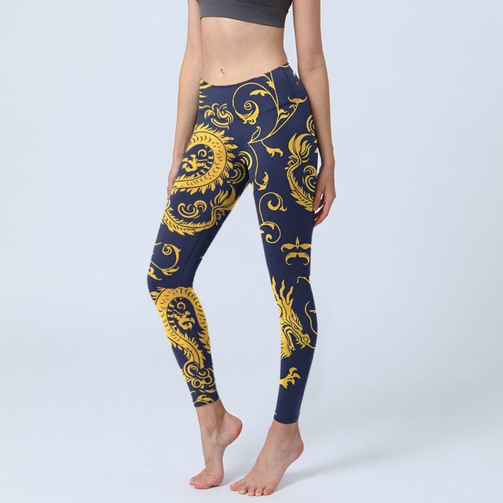 Leggings de yoga para mujer con estampado de enredaderas y dragones dorados y Buddha Stones - Azul oscuro - US18，UK/AU22，EU50 (4XL) - image 0