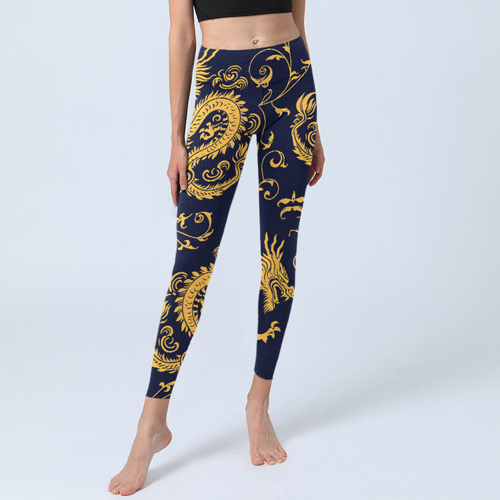 Leggings de yoga para mujer con estampado de enredaderas y dragones dorados y Buddha Stones - image 5