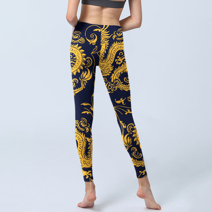 Leggings de yoga para mujer con estampado de enredaderas y dragones dorados y Buddha Stones - image 6
