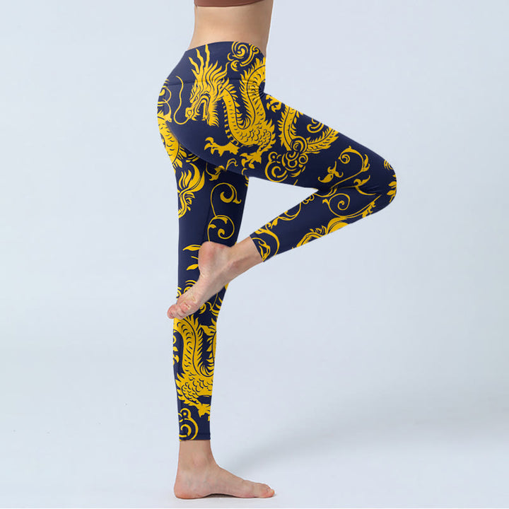 Leggings de yoga para mujer con estampado de enredaderas y dragones dorados y Buddha Stones - image 4