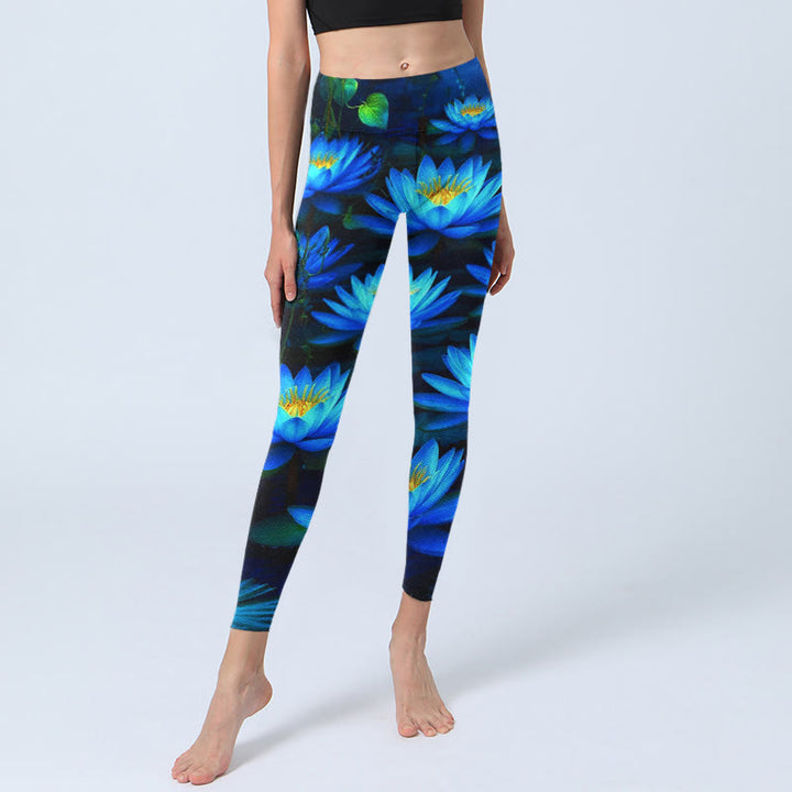 Leggings de yoga para mujer con estampado de loto y nenúfar azul profundo con Buddha Stones - image 6
