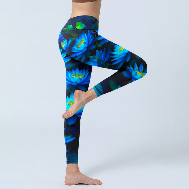 Leggings de yoga para mujer con estampado de loto y nenúfar azul profundo con Buddha Stones - image 4